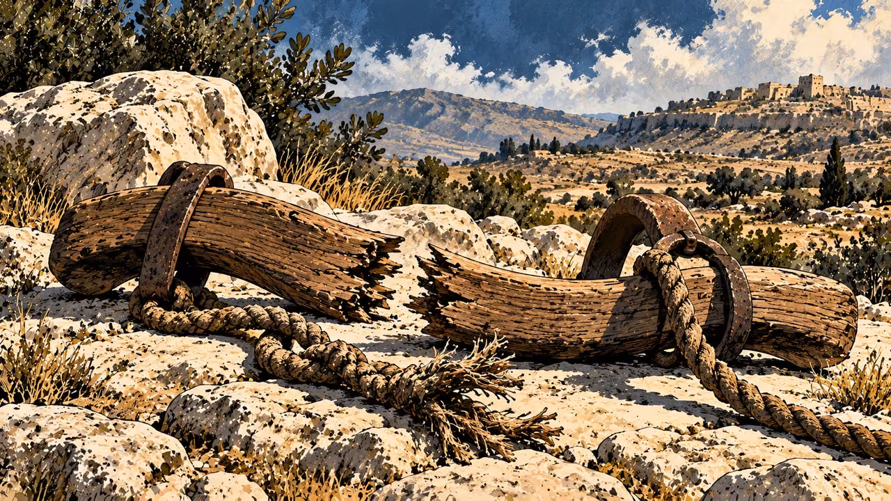 A wooden yoke lies split in two beside torn cord bonds on sunlit stone.