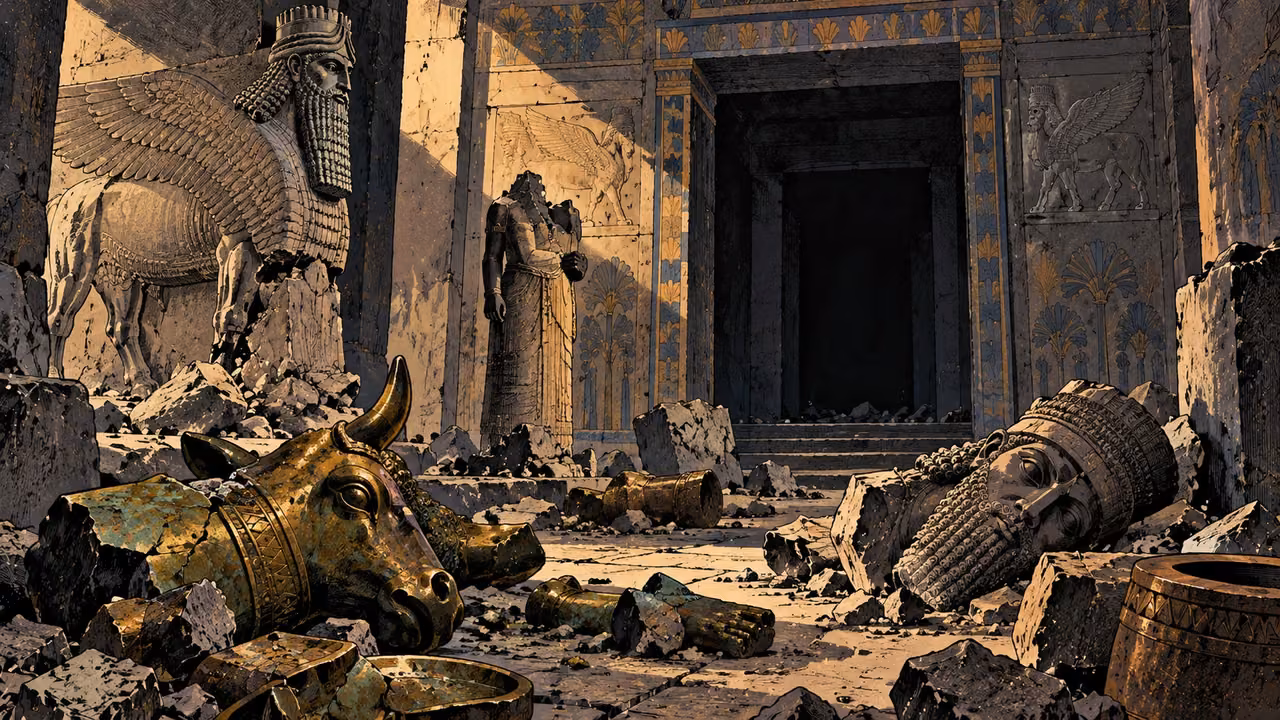 Broken carved and cast images lie around the dark threshold of a ruined Assyrian sanctuary.