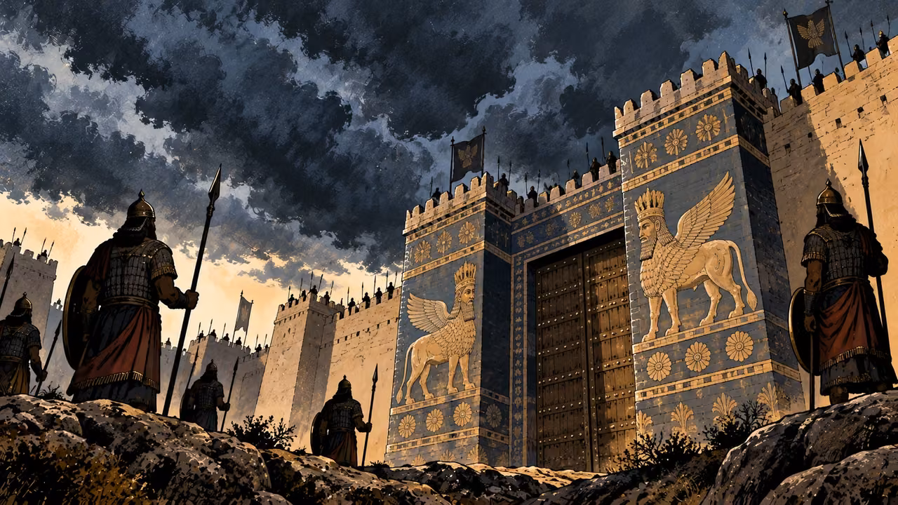 Armed Assyrian guards stand beside a closed monumental gate beneath dark clouds.