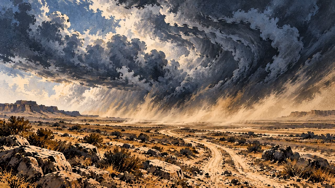 A winding empty path crosses a dry plain beneath immense storm clouds.