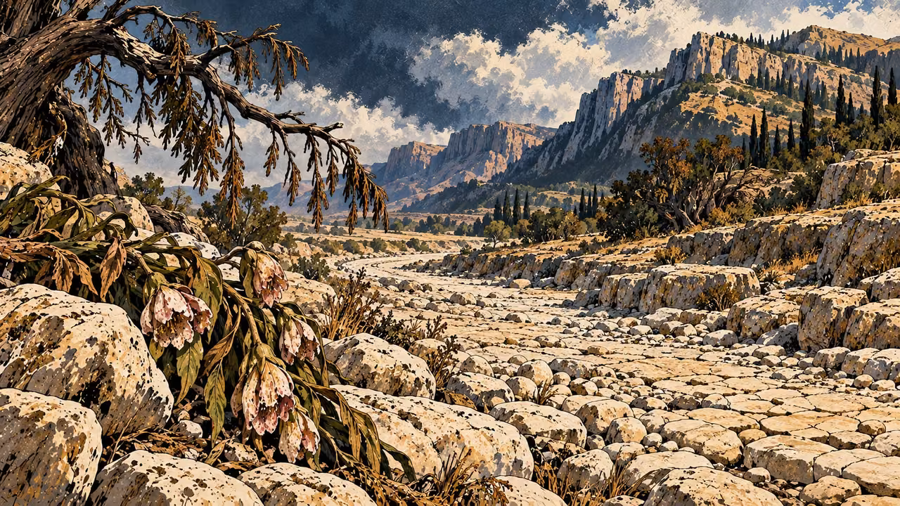 Wilted blossoms and dry branches overhang the exposed stones of an empty river channel.