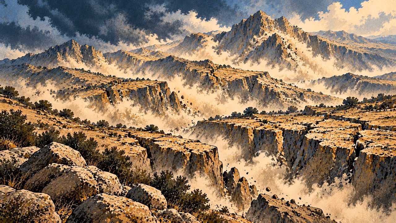 Limestone ridges fracture as dust rises through the trembling hills.