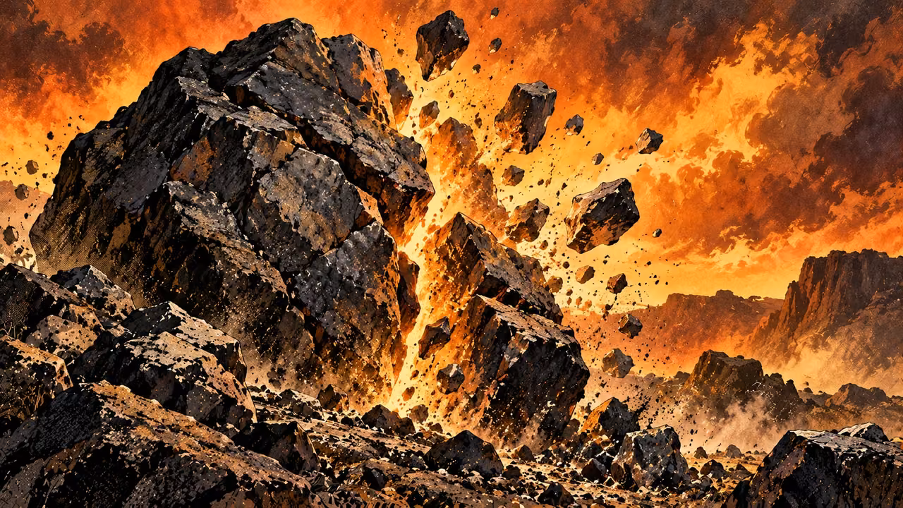 Dark rock splinters against a fiery orange glow.