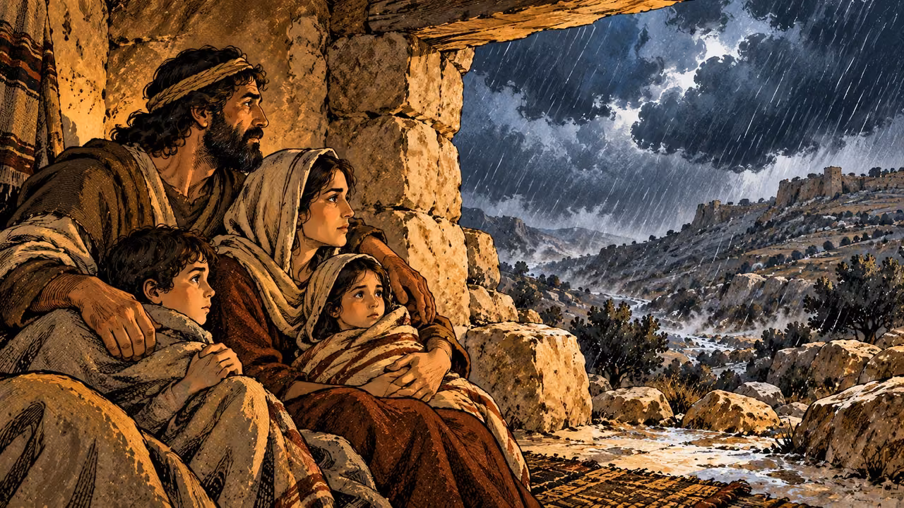An anonymous family shelters in a limestone doorway while rain falls outside.