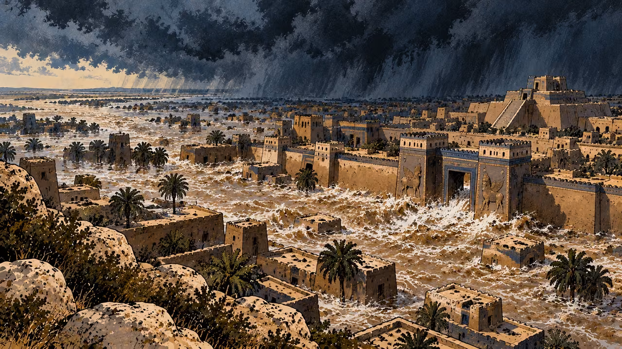 Floodwater surrounds mudbrick houses and an Assyrian gate beneath a dark sky.