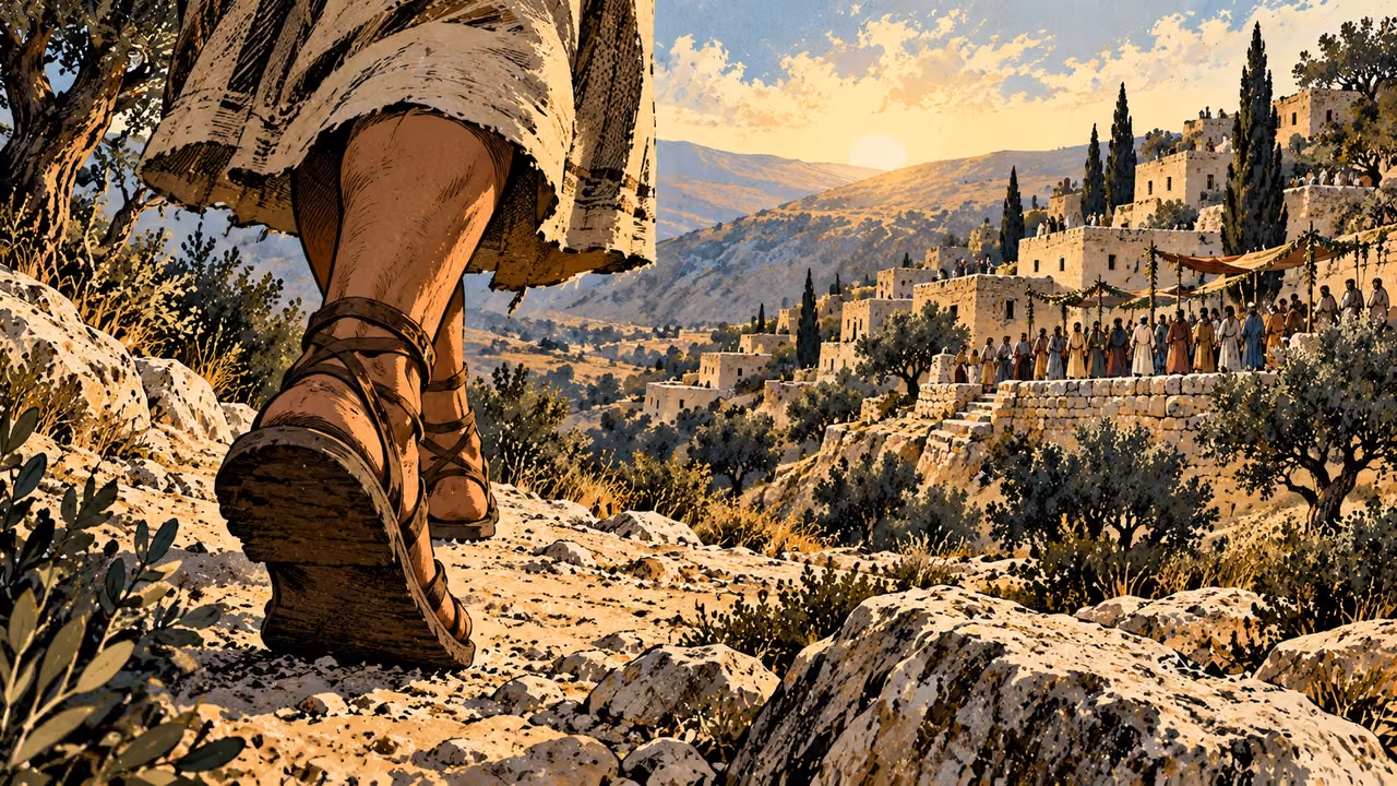 A messenger’s sandaled feet approach a Judahite hillside village where people gather beneath festival cloths.