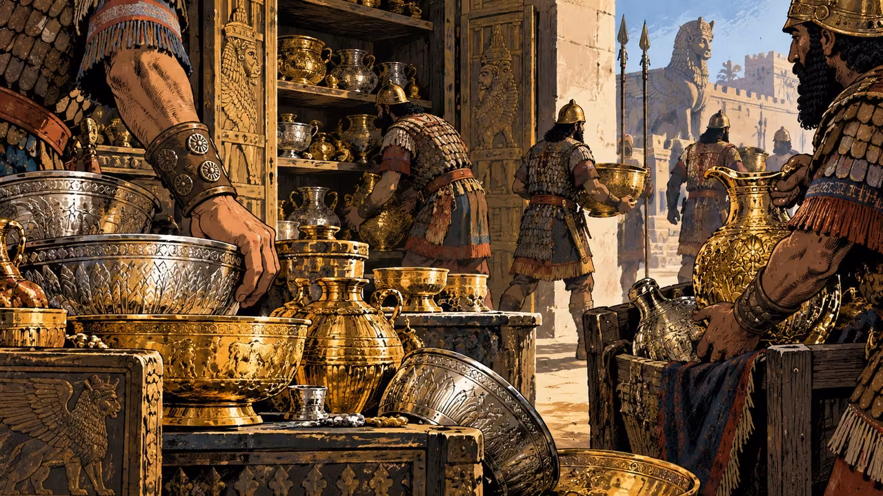 Soldiers carry silver and gold vessels from a richly stocked treasury.