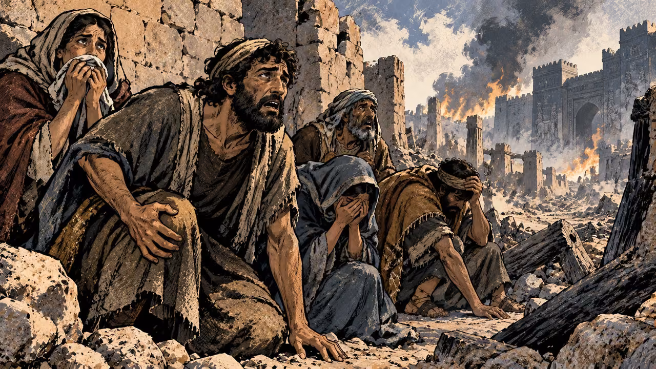 Frightened adults crouch among ruins, bracing weak knees and covering grieving faces.