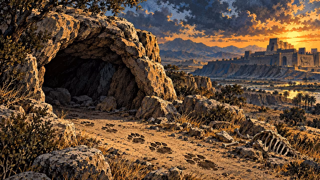 An empty rocky lion den lies beside paw tracks and old animal bones at dusk.