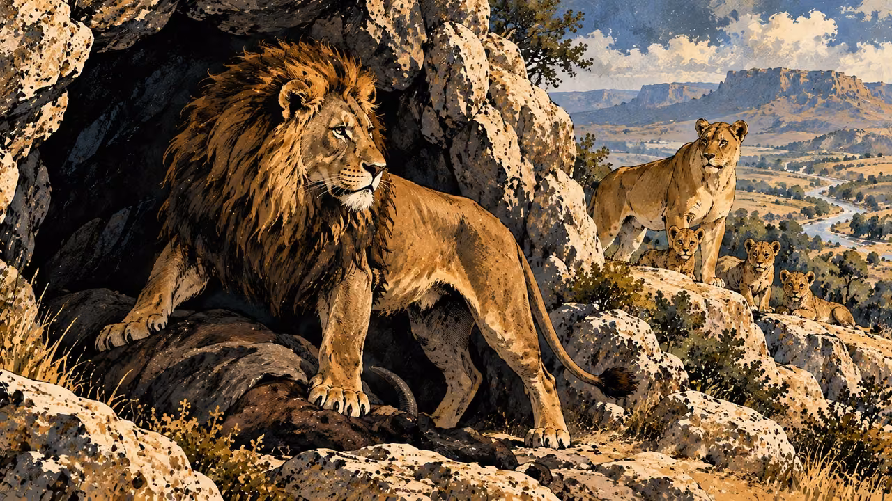 A lion stands beside shadowed prey at a rocky lair while a lioness and cubs wait nearby.
