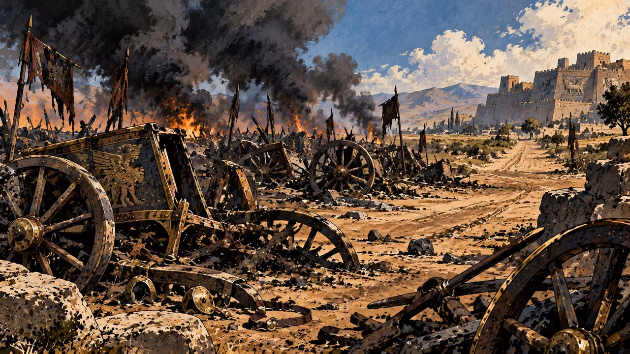 Broken chariots lie in a smoking yard beside a road leading toward Nineveh.