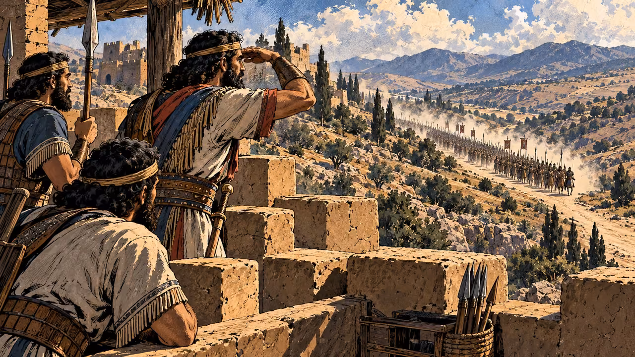 Guards watch an approaching army from a mudbrick tower, one shading his unaided eyes with an open hand.
