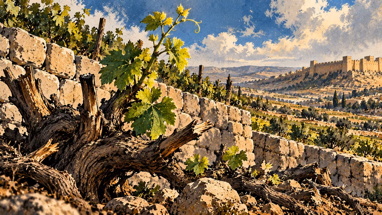 A living vine shoot grows beside broken branches and a limestone terrace wall.