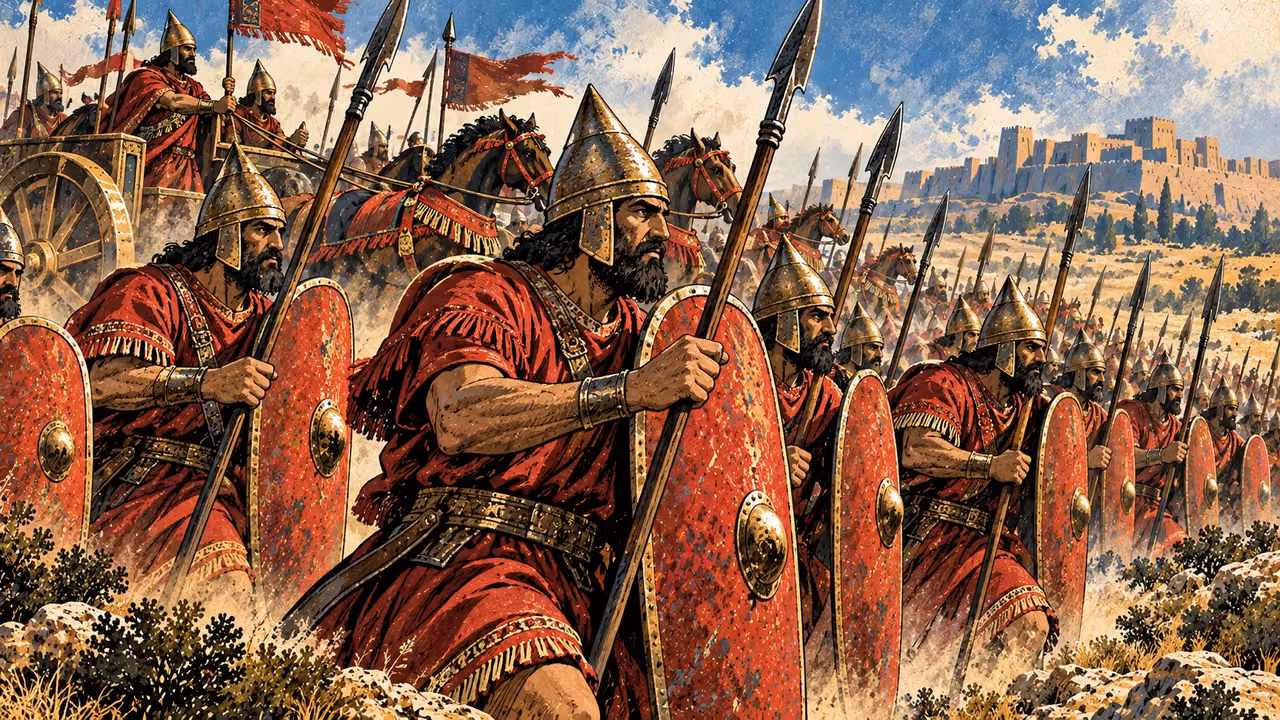 Scarlet-clad warriors carry red shields and raised spears with horse-drawn chariots behind them.
