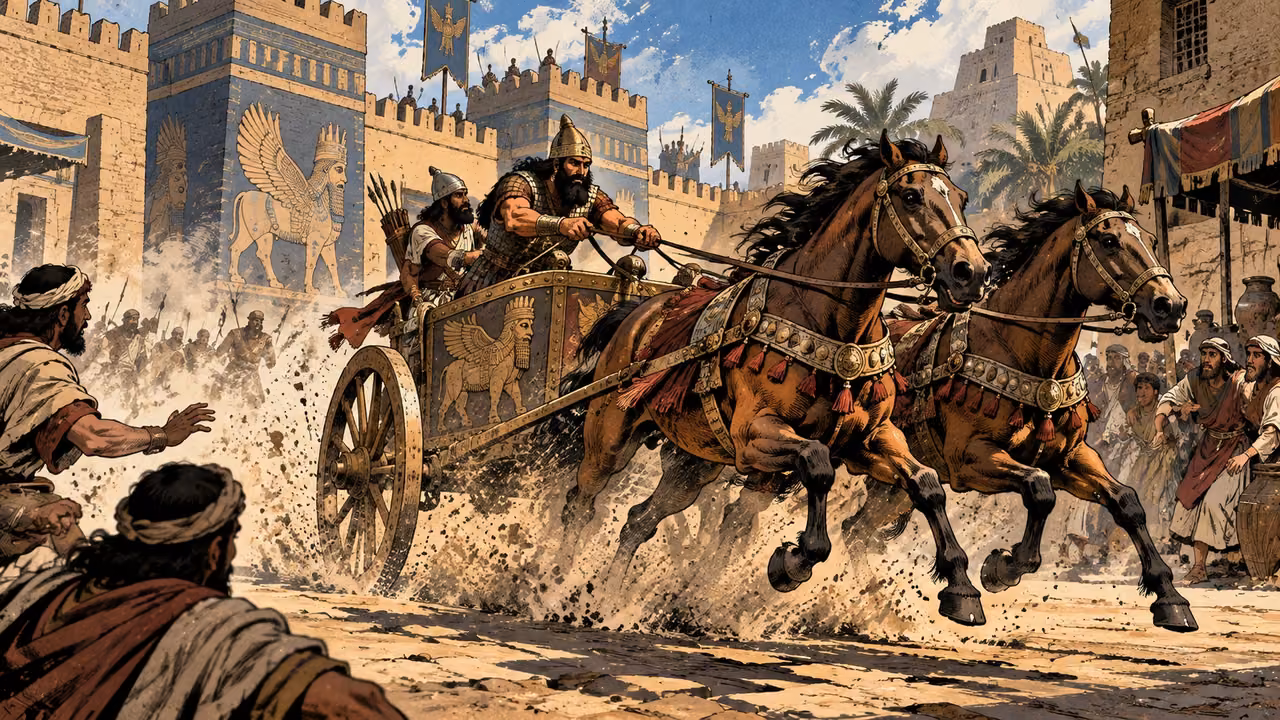 A horse-drawn chariot races through a dusty Assyrian city square.
