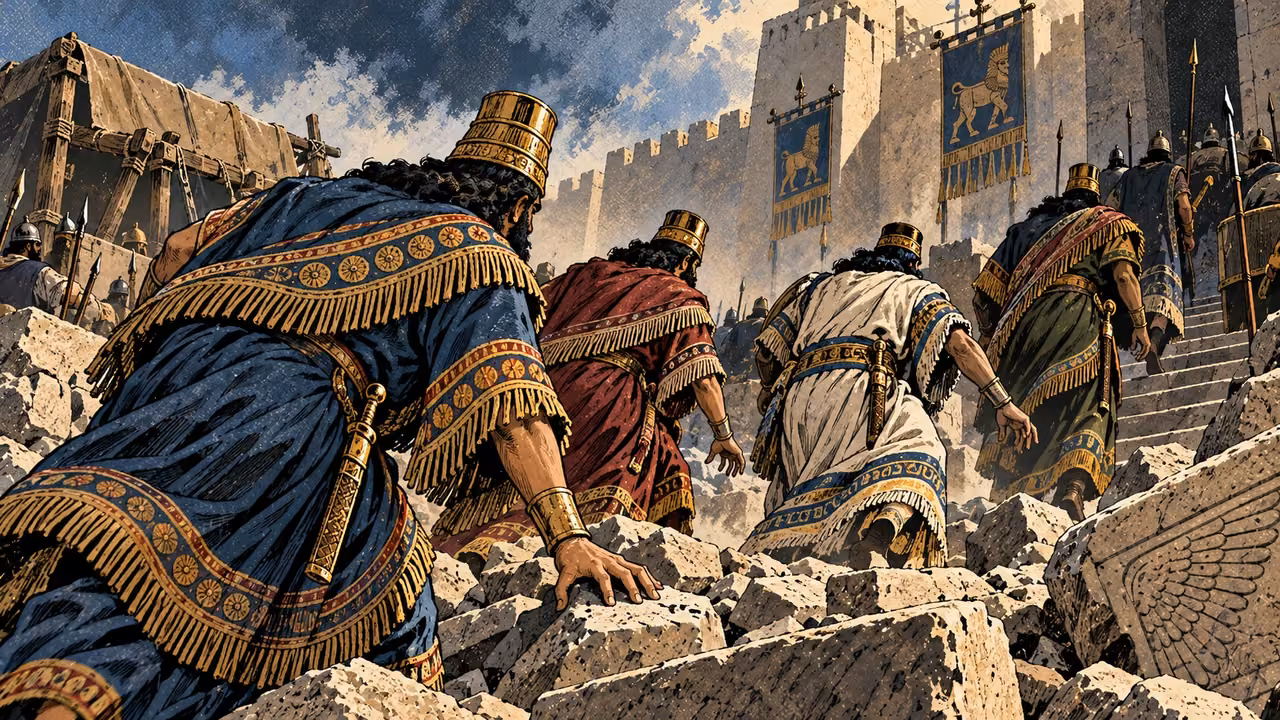 Assyrian nobles stumble over rubble while hurrying toward the wall stair.