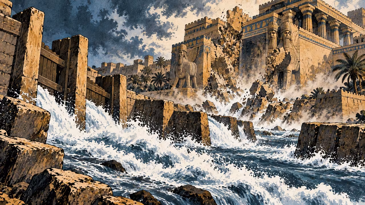 Water surges through river gates below a crumbling Assyrian palace frontage.