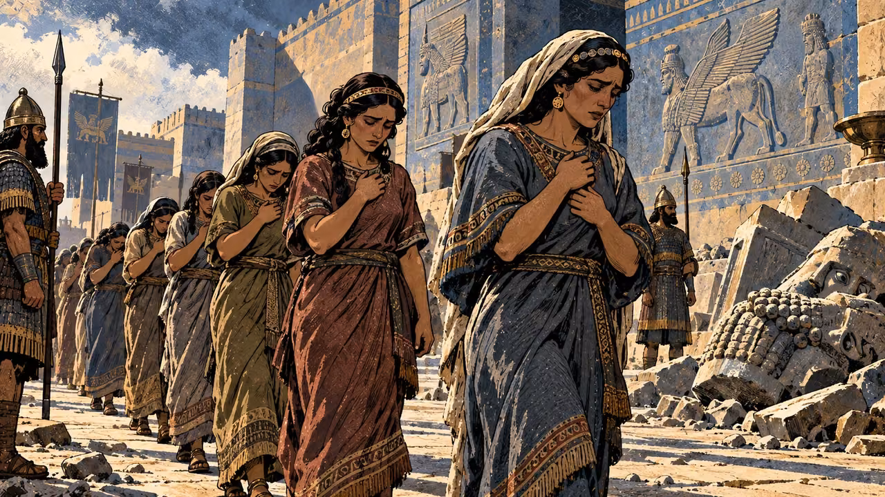 Fully clothed servant women mourn as guards lead them past ruined Assyrian reliefs.