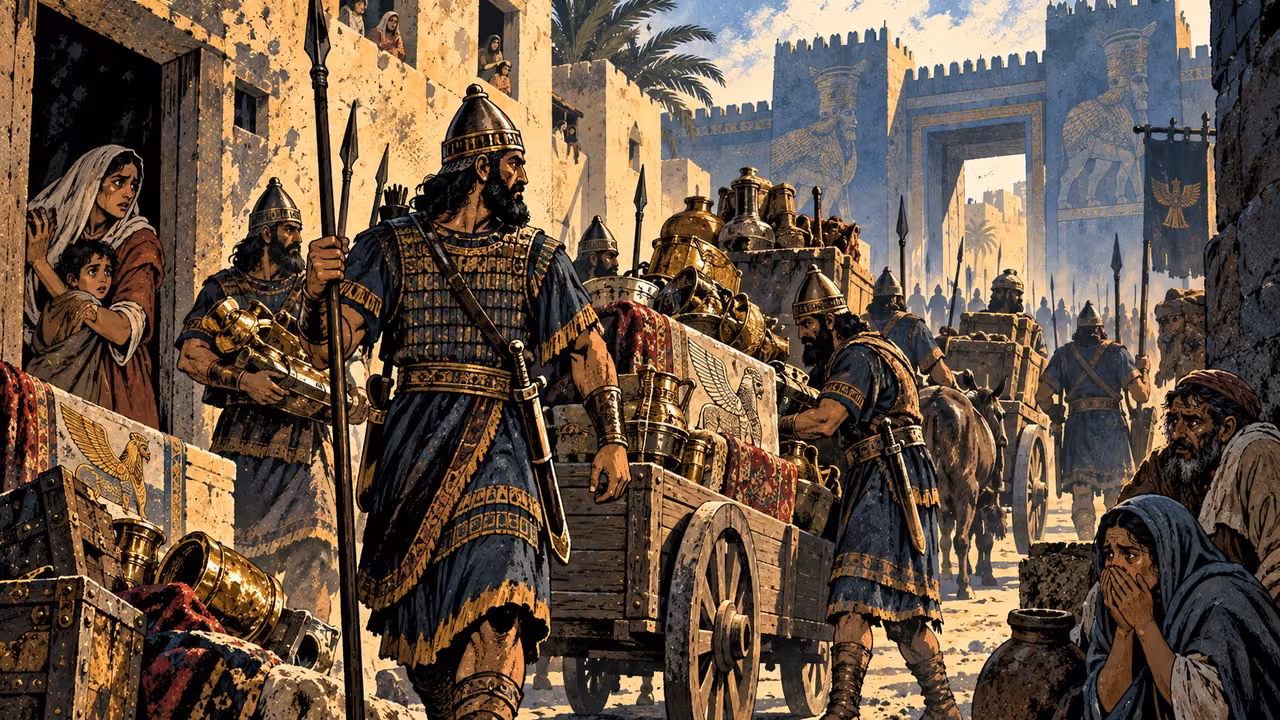 Armed men escort carts of plunder through Nineveh as residents watch fearfully from thresholds.