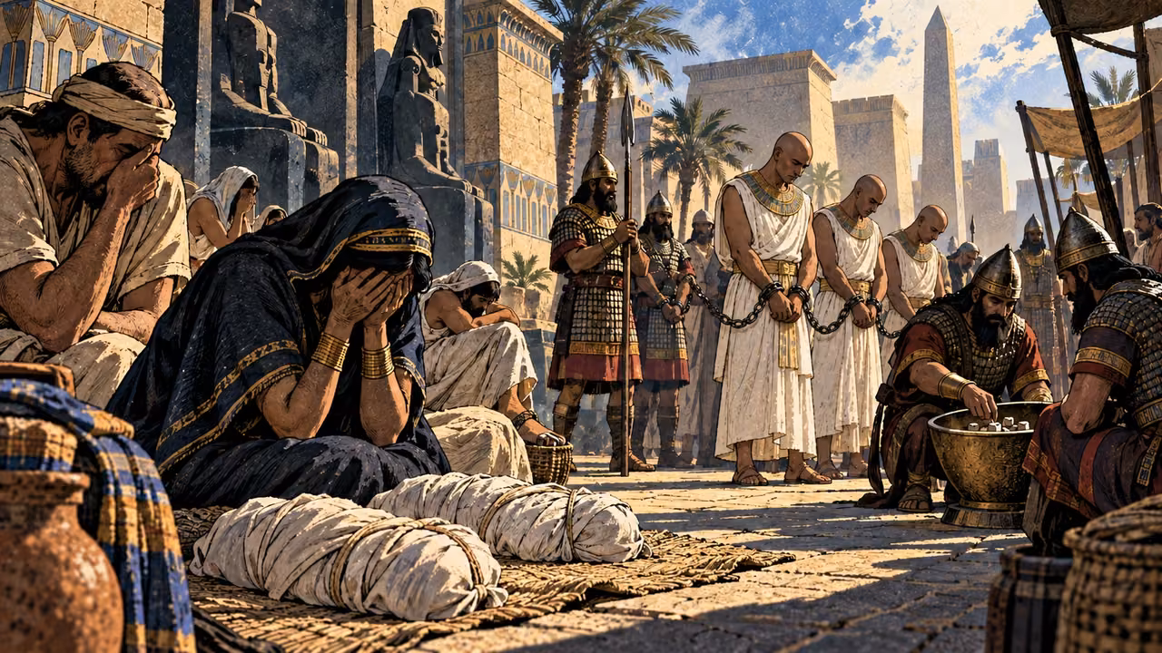 Grieving adults sit beside shrouded child-sized forms while Egyptian nobles stand chained before Assyrian guards.