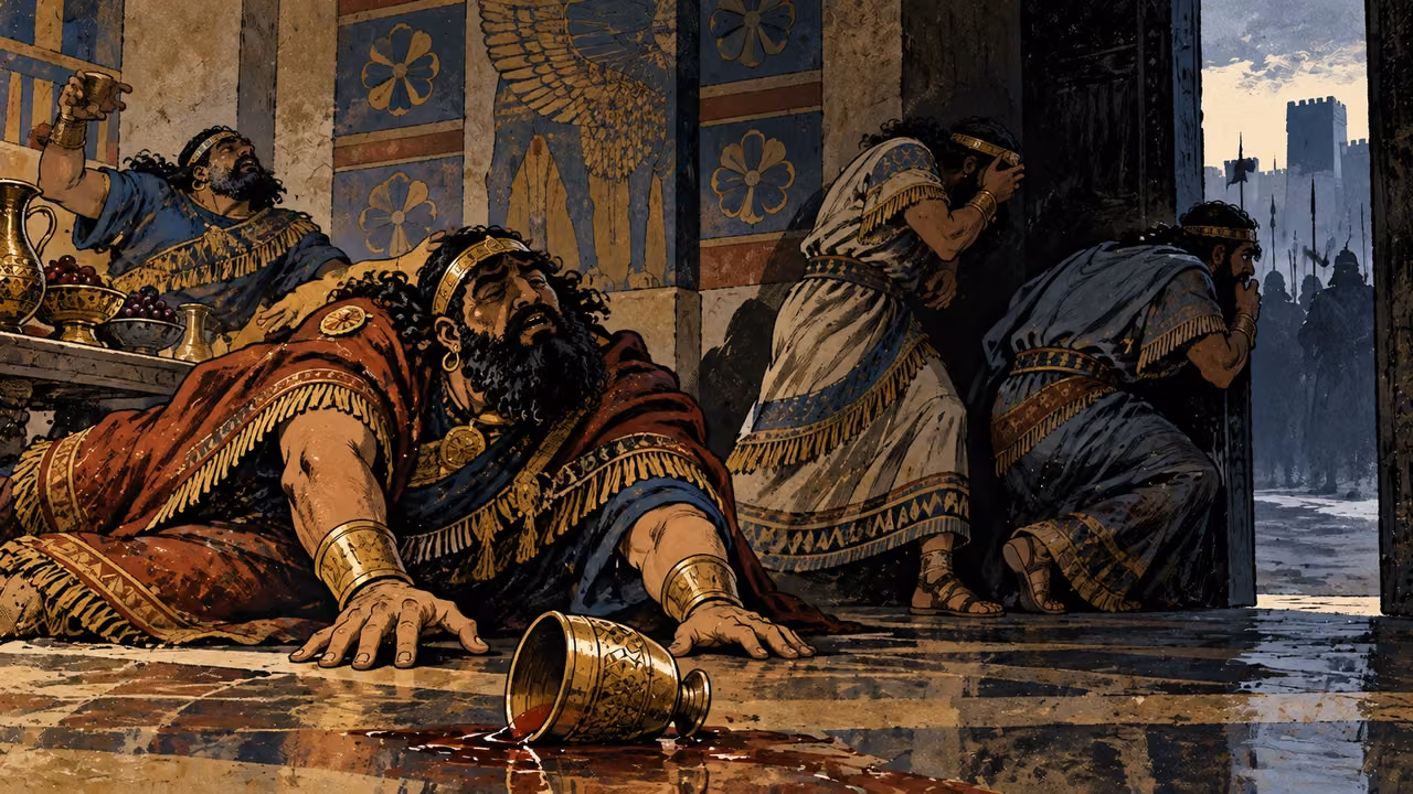 Assyrian adults stagger or hide beside a dark doorway and a tipped drinking cup.
