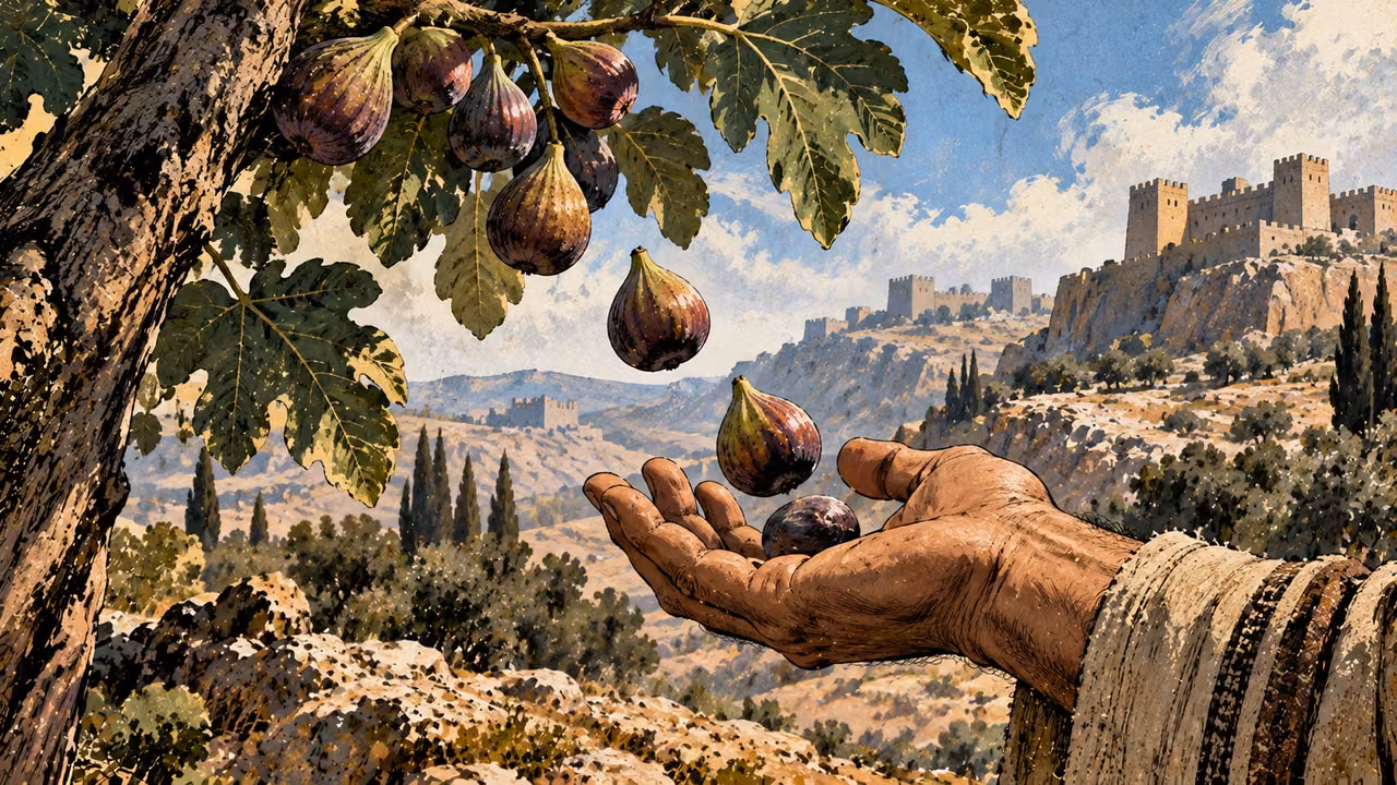 Ripe figs fall from a branch into an open hand with fortresses distant behind.