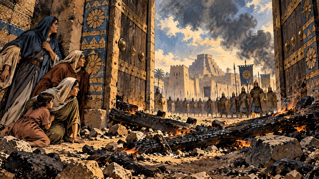 Burned crossbars lie before wide-open city gates as soldiers approach and civilians shelter beside the threshold.