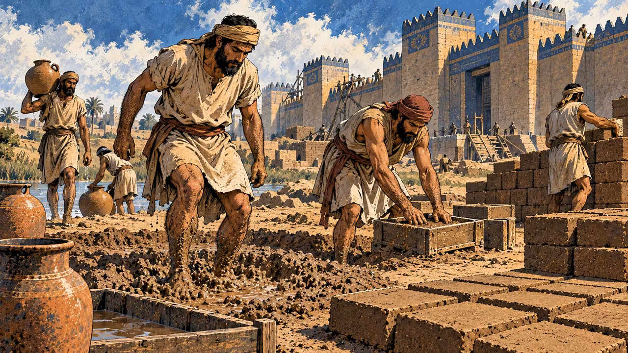 Laborers tread wet clay, fill brick molds, carry water and strengthen a fortress wall.