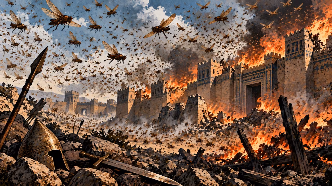 A swarm crosses burning Assyrian fortifications above abandoned spears, a sword and a conical helmet.