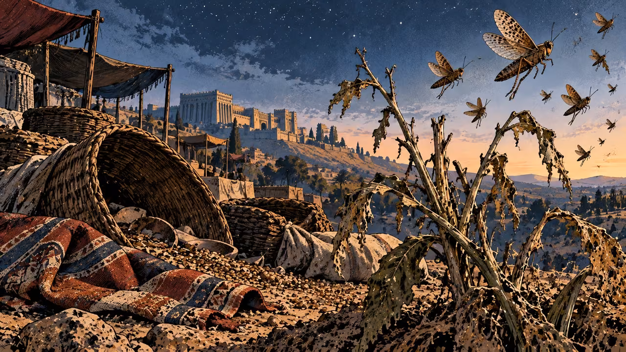 Empty baskets and folded market cloth lie beside stripped plants as insects fly away beneath fading stars.