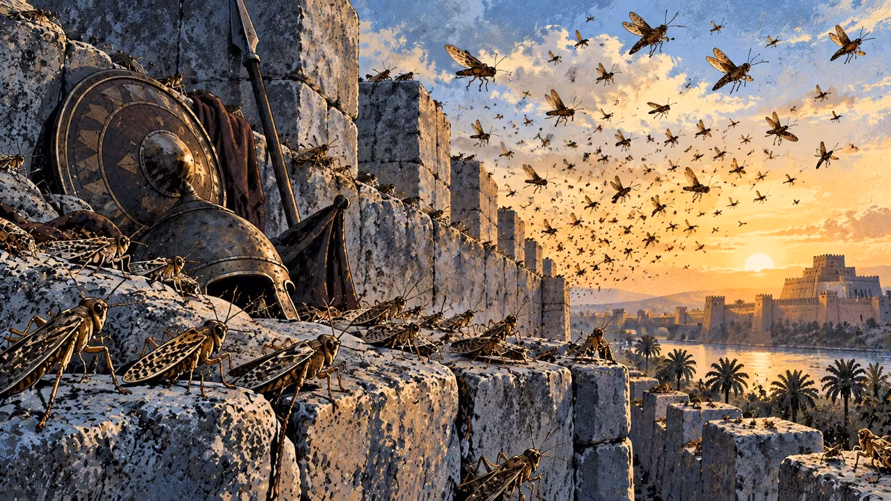 Insects cluster on a shaded stone wall beside an abandoned shield, helmet and spear at dawn.