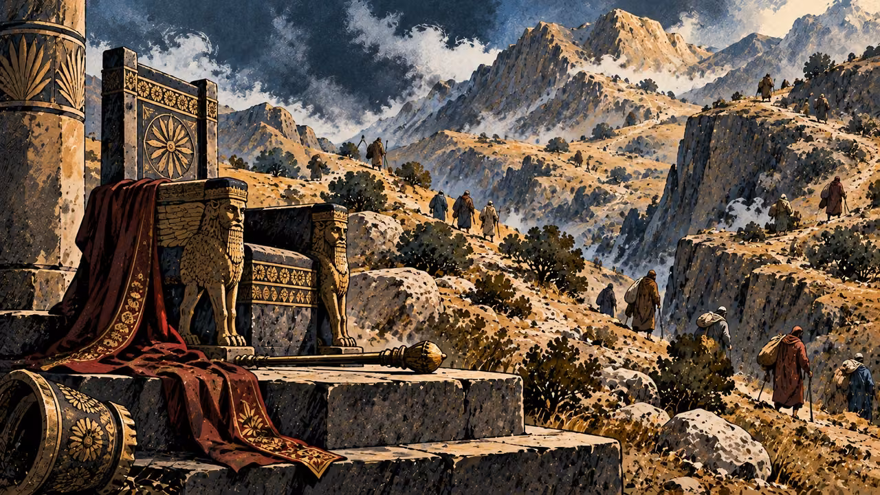 People scatter along separate mountain paths beyond a vacant Assyrian chair and fallen staff.