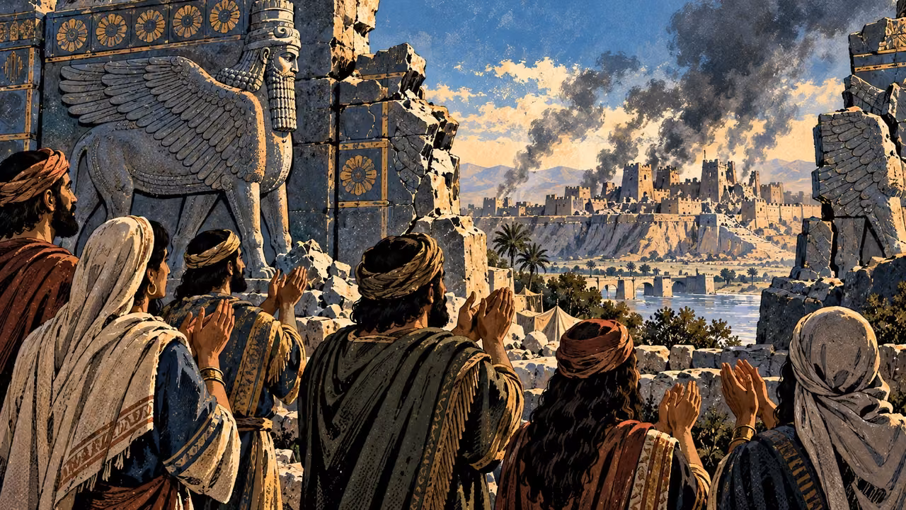 Clothed observers clap before a fractured Assyrian gate relief and a damaged city in the distance.