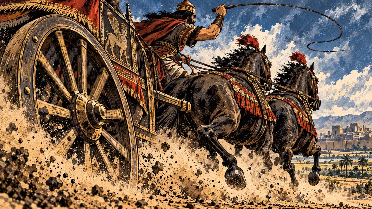 A raised whip arcs above galloping horses and a rattling spoked chariot wheel.