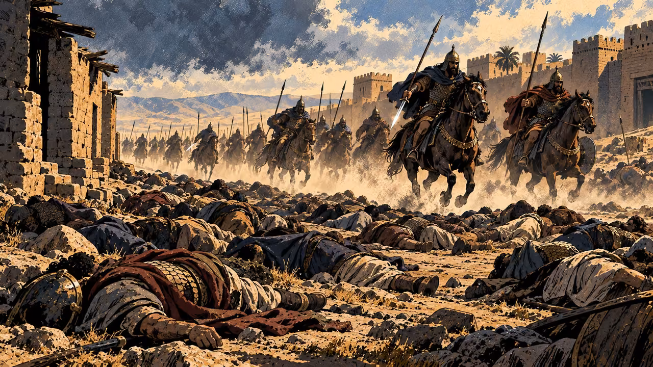 Horsemen ride through a devastated street filled with fallen, fully clothed adults.
