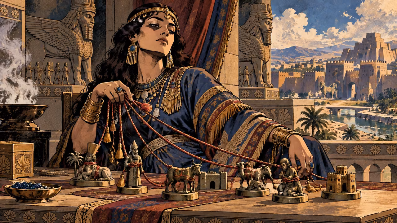 A fully clothed symbolic city-personification holds cords binding small tokens of nations.