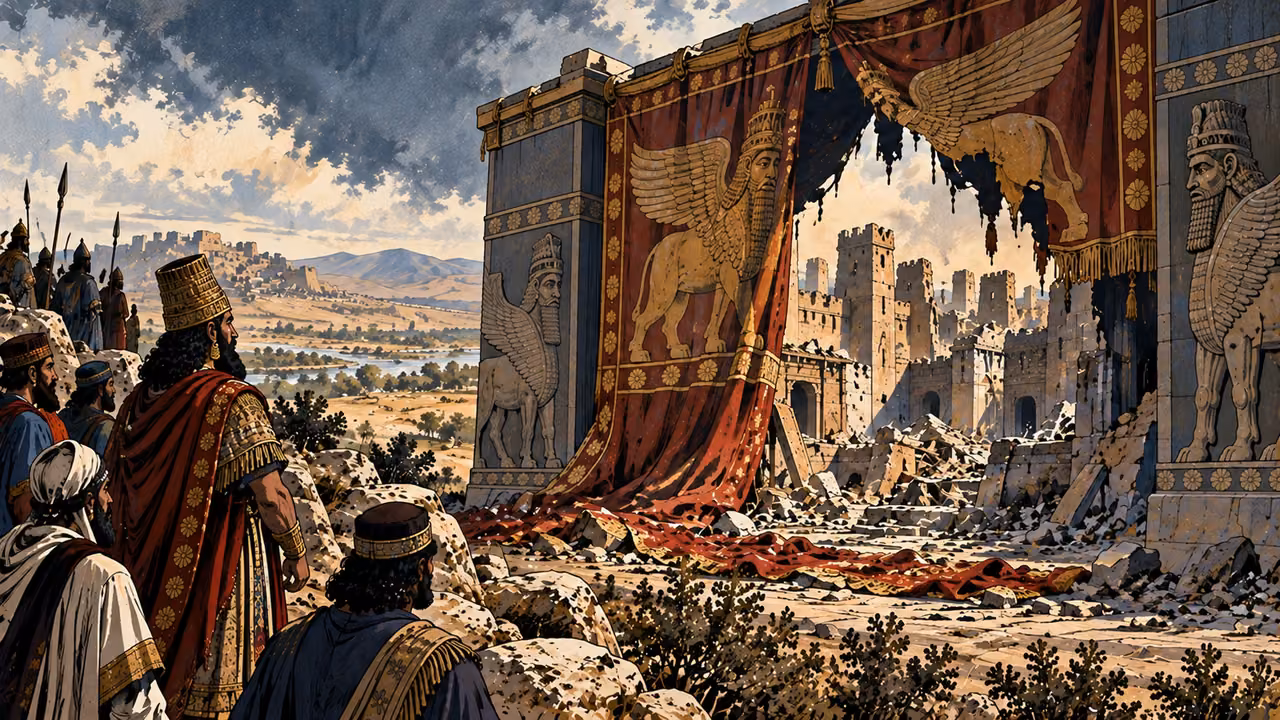 A fallen ornamental curtain reveals a ruined facade before fully clothed observers.