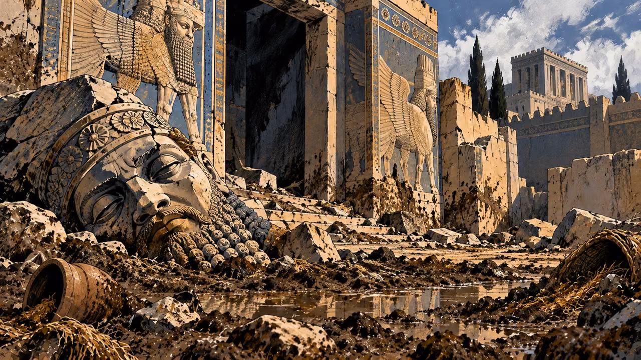 Mud, refuse, and a shattered carved face lie before a degraded Assyrian threshold.
