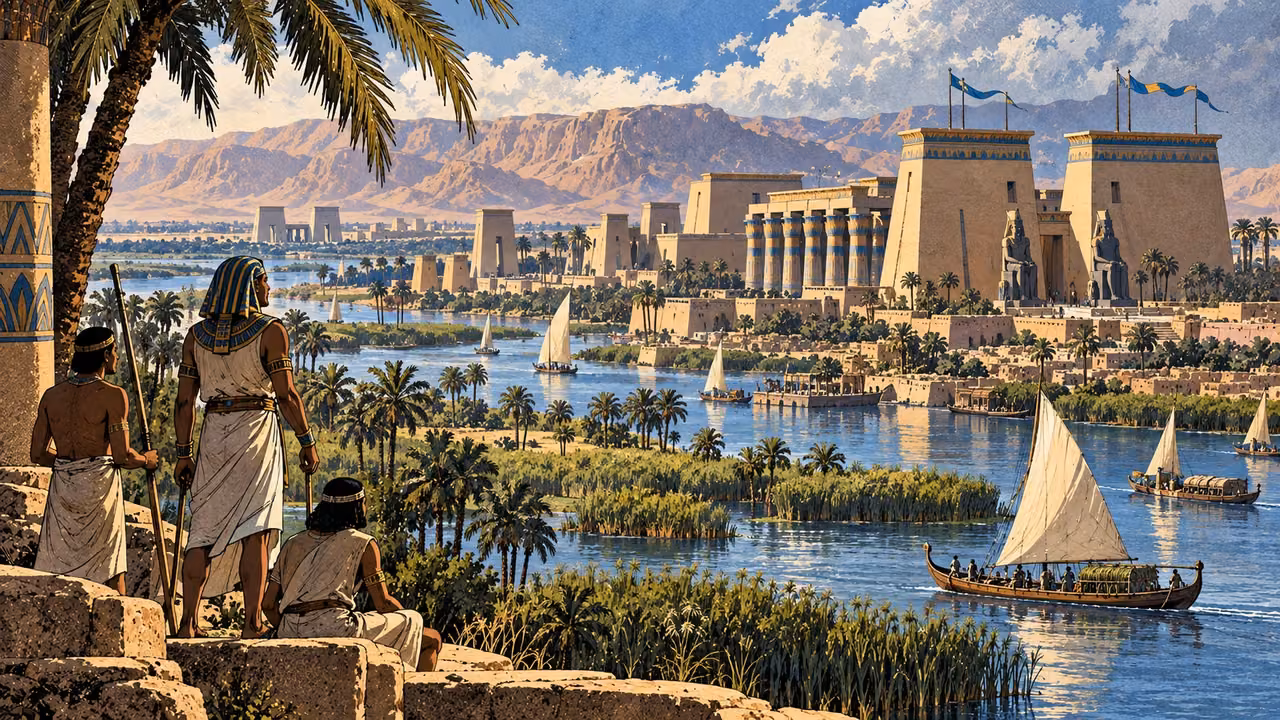 Egyptian pylons rise beside Nile channels, reedbanks, and river boats at No-amon.