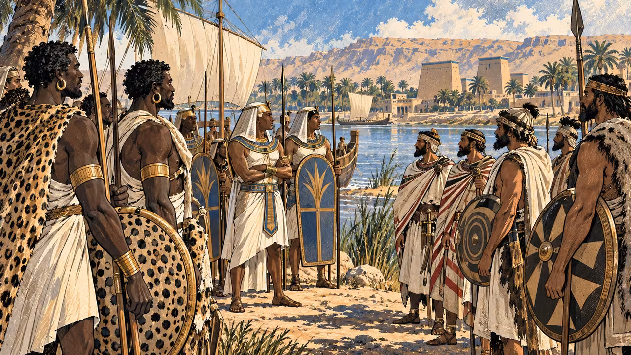 Regional soldiers with differing linen dress and shields stand beside an Egyptian riverbank.