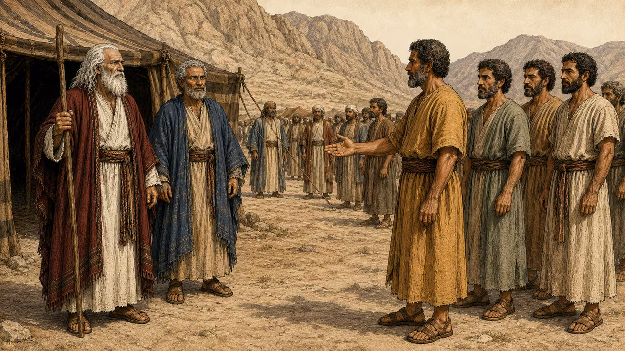 Moses and Aaron receive the assembled men by their family groups.