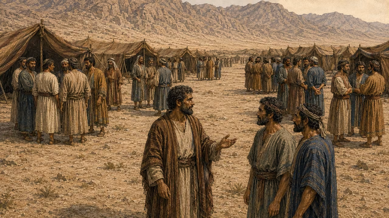 Contextual view of family groups presenting themselves for registration, accompanying Reuben through Zebulun. No battle or modern writing equipment.