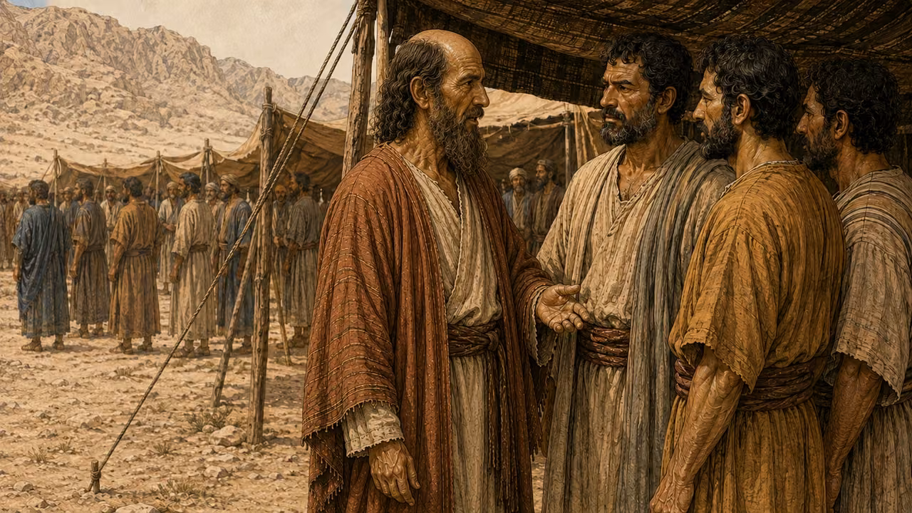 A distinct view of orderly adult men assembling by families, accompanying Ephraim through Naphtali. No invented named portraits or exact population claim in image.