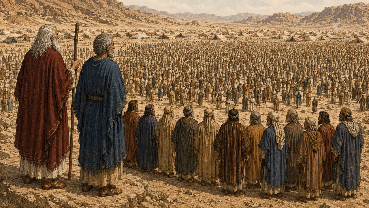 Moses and Aaron with the twelve leaders survey the assembled congregation; no battle.
