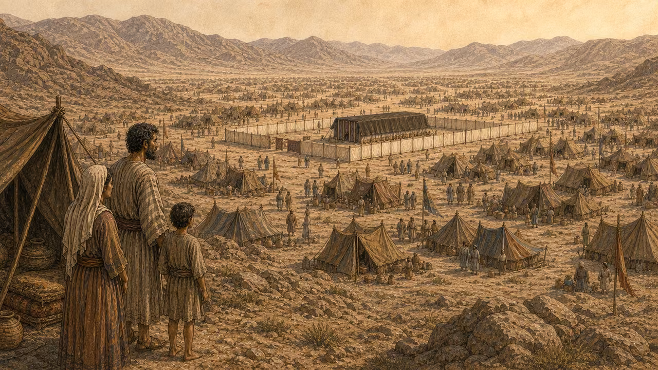Broad contextual view of orderly tents and a distinct sanctuary precinct; no later departure enacted.
