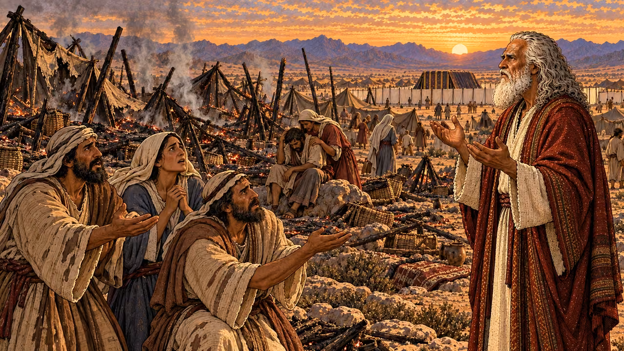 Moses prays and the fire subsides