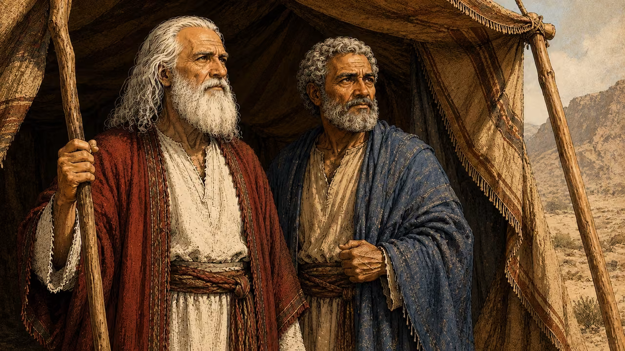 Moses and Aaron listen beside a shaded tent threshold.
