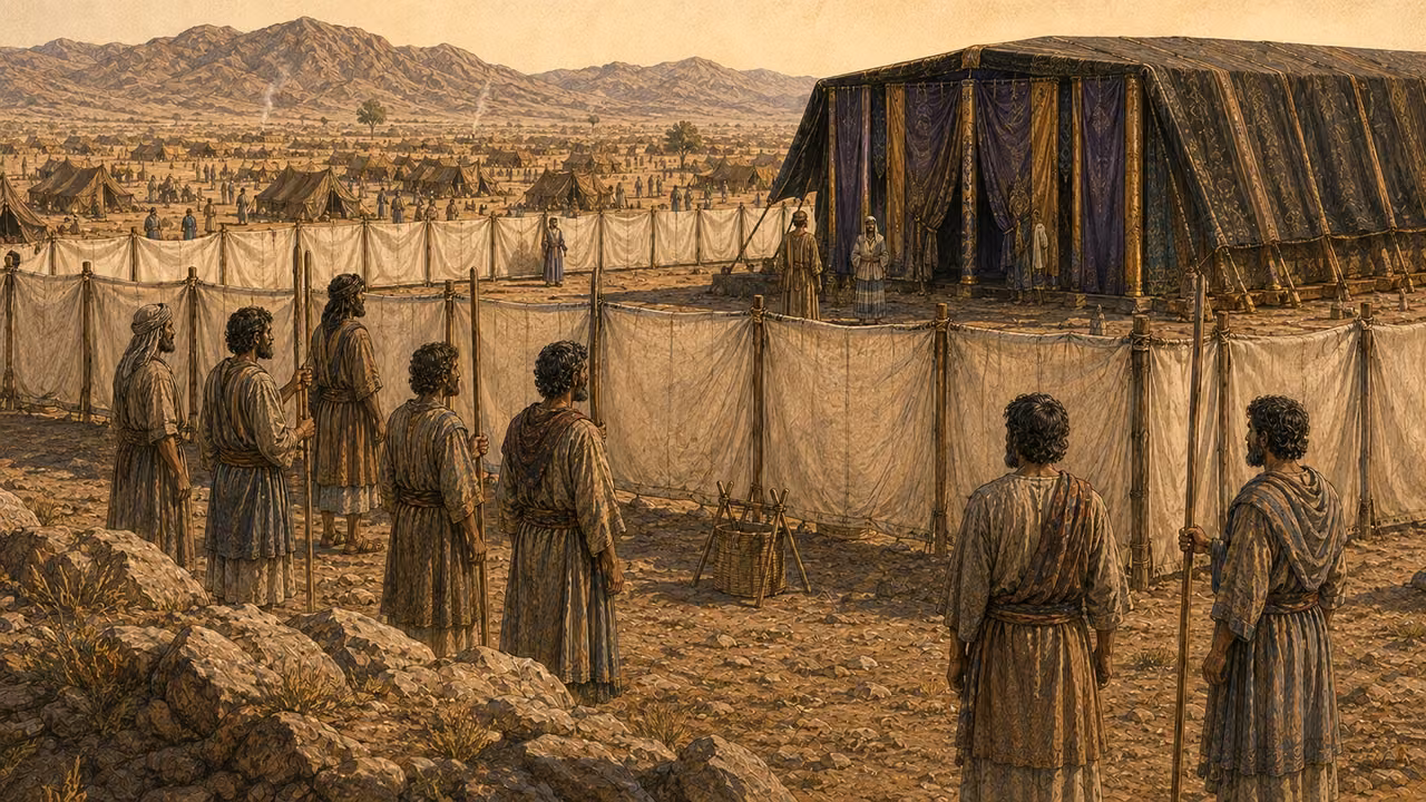 Levite custodians beside the linen boundary of the central sanctuary.