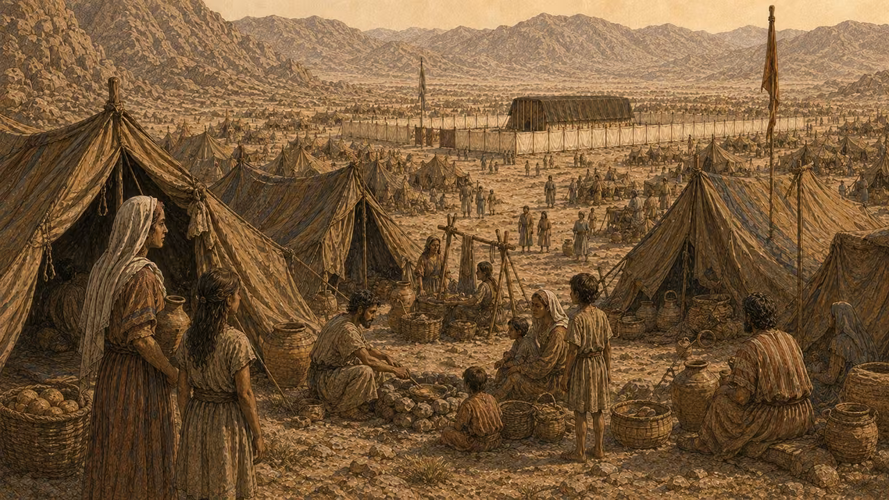 Families gather among tents with the sanctuary beyond.