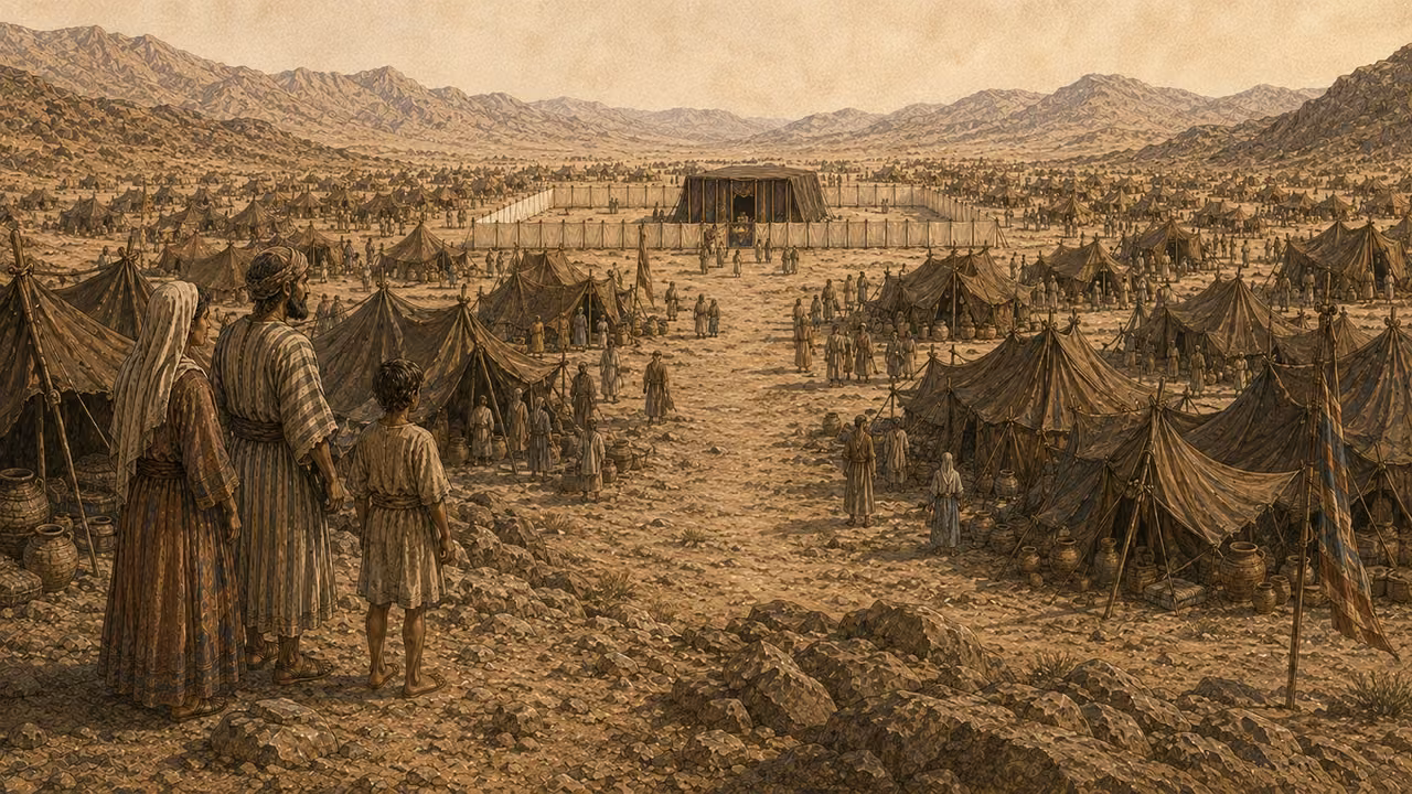 A family overlooks tent groups and the central sanctuary precinct.